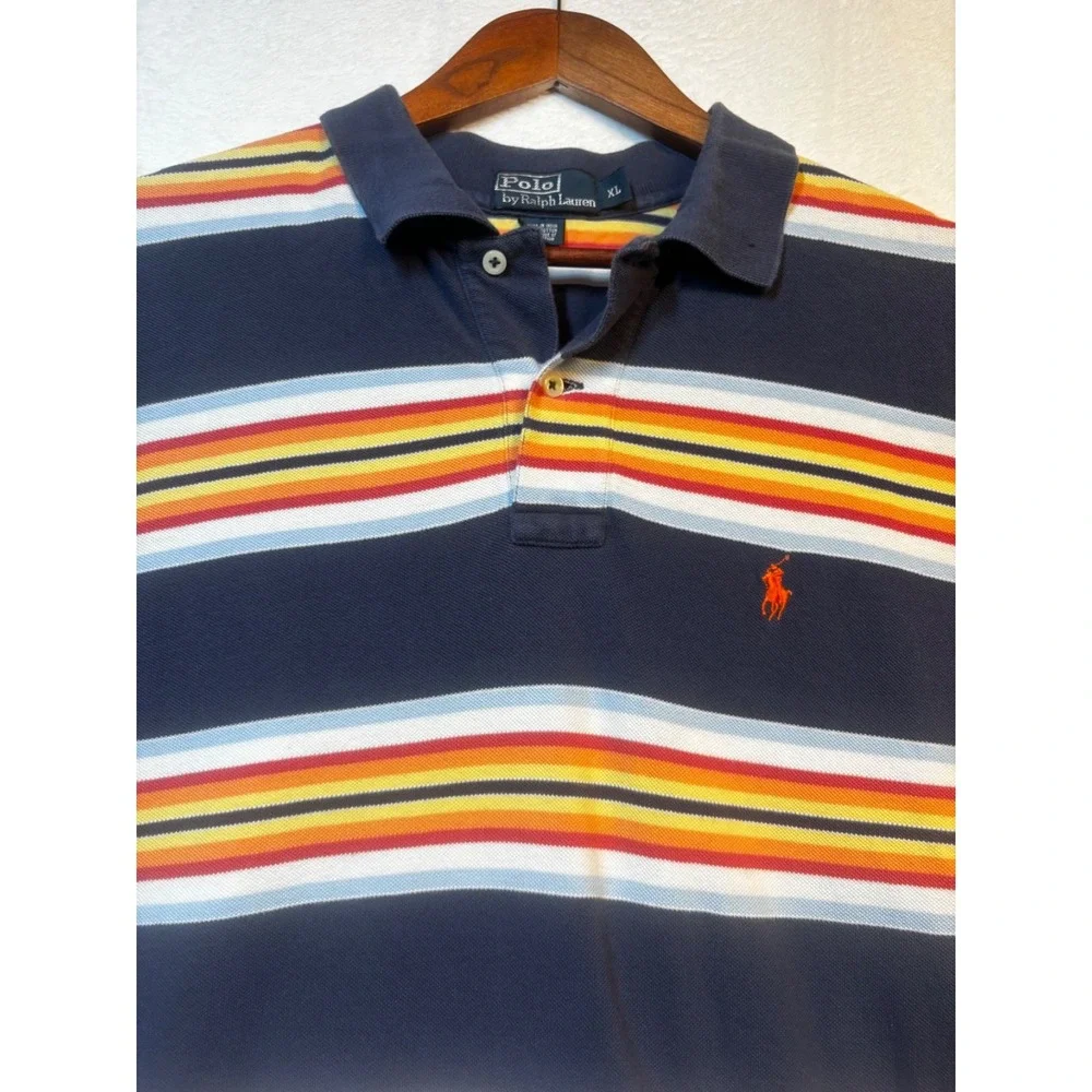 Vintage 90s Ralph Lauren Mens XL Faded Rainbow Striped‎ Collared Polo Shirt